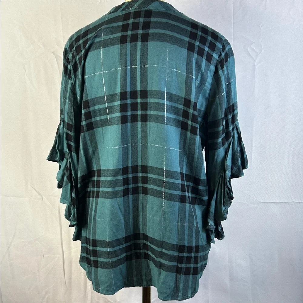 Vince Camuto Green and Black Plaid Flannel Blouse with Silver Threads Size Large